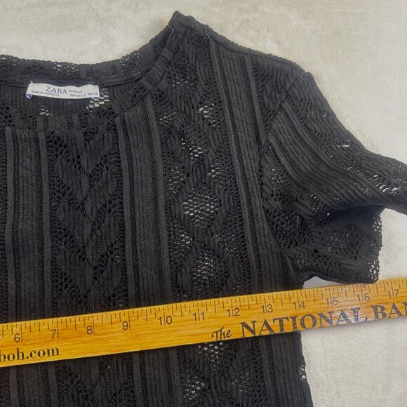 Zara Black Lace Knit Short-Sleeve Womens Top Size S Ribbed Hem Elegant Design - Picture 8 of 16